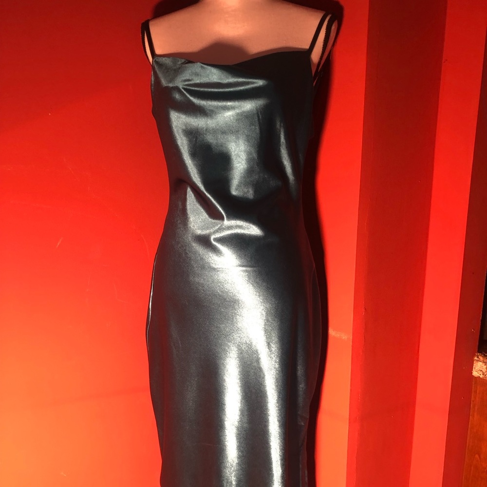 Green satin midi dress with draped top